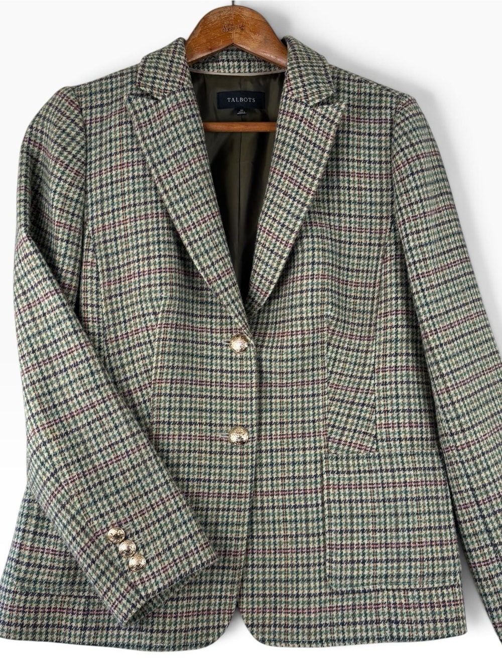 Talbots Navy Blue & Green Plaid Wool-Blend Tweed Blazer Gold Buttons Size 10